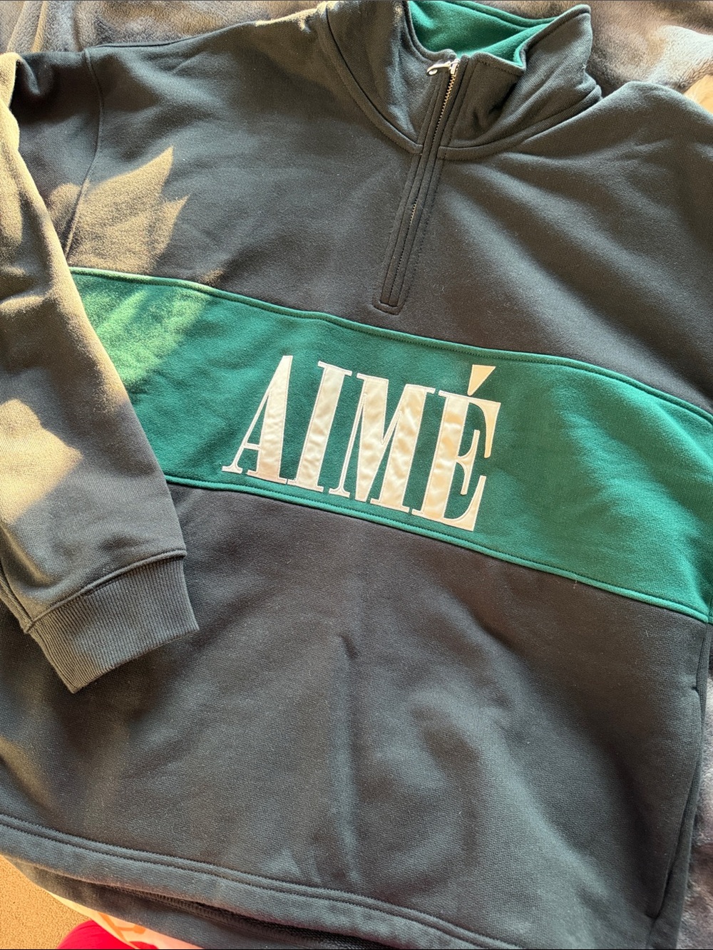 Aime Leon Dore Dark Green and Teal Half-Zip Sweatshirt